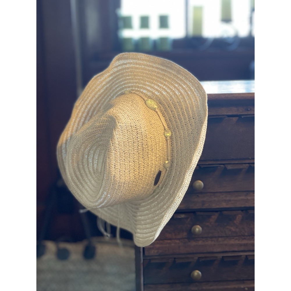 NWOT Panama Jack Cowboy Hat Straw Resort Western Beach Beaded‎ Wired Brim Cream